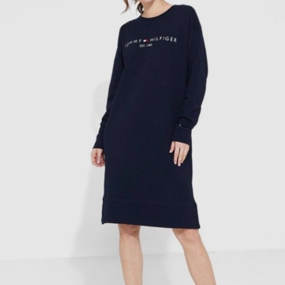 Tommy Hilfiger Logo Flag Sweatshirt Dress Oversized Long Sleeve Navy Red Blue S - Picture 4 of 6